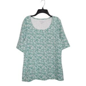 Time and Tru Top M S Green White T-Shirt Short Elbow Sleeve Floral Print Casual